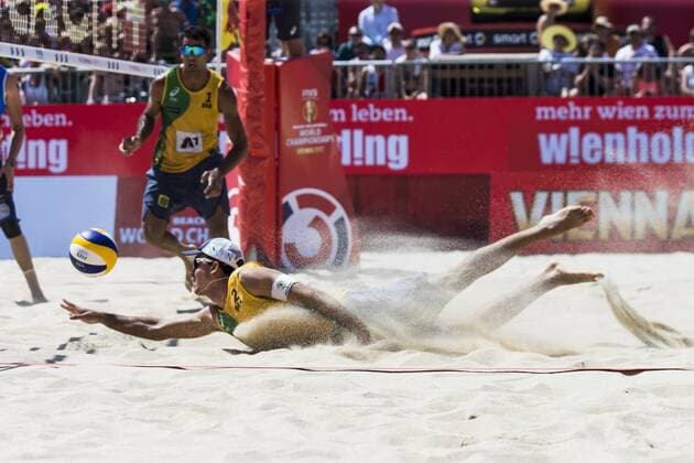 VIENNA, AUSTRIA - AUGUST 02: Pedro Solberg of Brazil in action during Day 6 of the FIVB Beach volleyball Beachvolleyball World Championships 2017 on August 2, 2017 in Vienna, Austria. (Photo by Michael Kunkel Hoch Zwei) Vienna Austria xHOCHxZWEIx