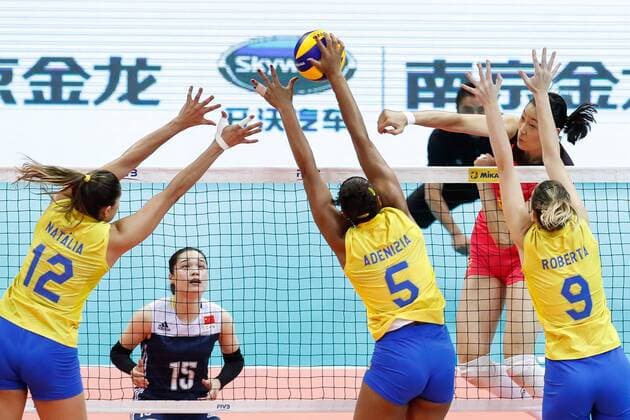 NANJING, CHINA - AUGUST 02: Adenizia Da Silva 5 of Brazil blocks the ball during the group match of 2017 Nanjing FIVB World Grand Prix Finals between China and Brazil at Nanjing Olympic Sports Center on August 2, 2017 in Nanjing, Jiangsu Province of China.  Copyright: xVCGx CFP111122614821 
