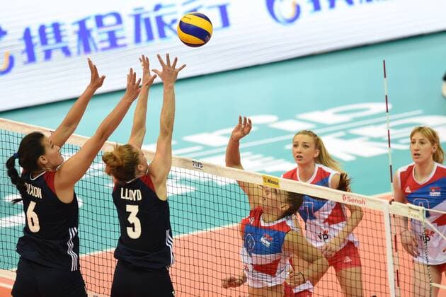 NANJING, CHINA - AUGUST 02: Carli Lloyd 3 of U.S.A. and Tetori Dixon 6 of U.S.A. block the ball during the group match of 2017 Nanjing FIVB World Grand Prix Finals between Serbia and U.S.A. at Nanjing Olympic Sports Center on August 2, 2017 in Nanjing, Jiangsu Province of China.  Copyright: xVCGx CFP111122605127 