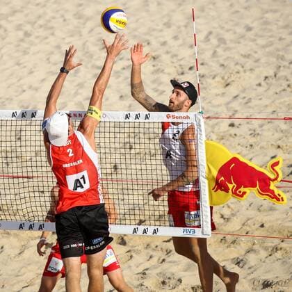 Beach volleyball Beachvolleyball - FIVB World Championships 2017 VIENNA,AUSTRIA,02.AUG.17 - BEACH VOLLEYBALL - FIVB World Championships, men. Image shows Christoph Dressler (AUT) and Tobias Winter (AUT). GEPAxpictures xMaticxKlansek