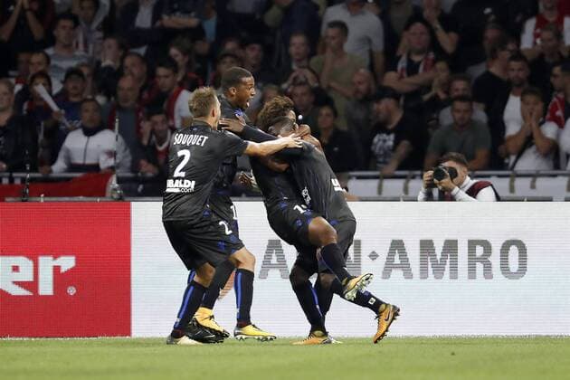 (L-R) Arnaud Souquet of OCG Nice, Romain Perraud of OCG Nice, Vincent Marcel of OCG Nice, Jean Michel Seri of OCG Nice during the UEFA Champions League third round qualifying first leg match between Ajax Amsterdam and OGC Nice at the Amsterdam Arena on August 02, 2017 in Amsterdam, The Netherlands Ajax v OGC Nice UEFA Champions League 2017 2018 xVIxVIxImagesx xMauricexvanxSteenxIVx 8374470