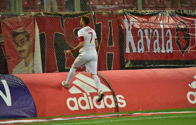 Greece: Olympiacos vs Partizan Kostas Fortounis (no 7) of Olympiacos celebrates the goal he achieved against Partizan  DimitriosxKarvountzis PacificxPress
