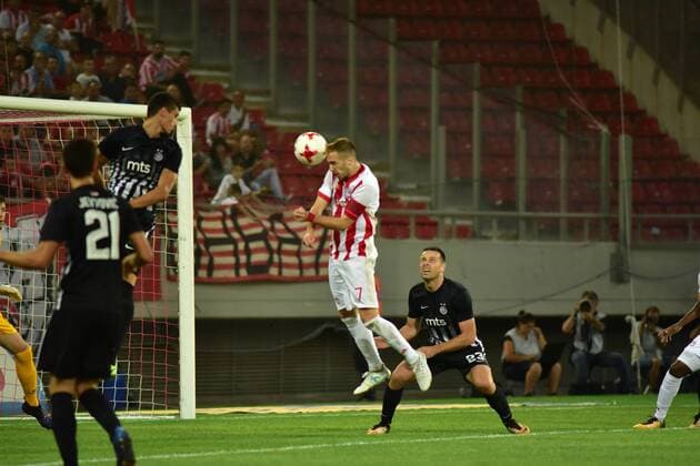 Greece: Olympiacos vs Partizan Kostas Fortounis (no 7) of Olympiacos scores against Partizan.  DimitriosxKarvountzis PacificxPress