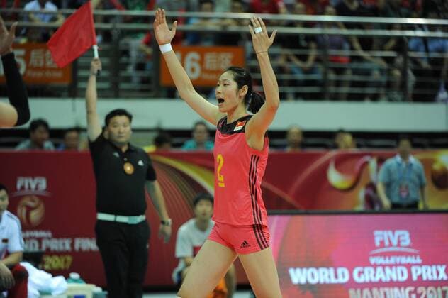 Zhu Ting of China reacts as she and teammates compete against Brazil during their match of the FIVB Volleyball World Grand Prix Finals 2017 in Nanjing city, east China s Jiangsu province, 2 August 2017. China defeated Brazil 3-0 (25:22, 25:17, 29:27). China slashes Brazil 3-0 at FIVB Volleyball World Grand Prix Finals 2017  20170802_82426