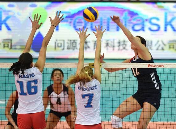 (From left) Milena Rasic and Ana Antonijevic of Serbia jump to block a spike by Kelly Murphy of USA during their match of the FIVB Volleyball World Grand Prix Finals 2017 in Nanjing city, east China s Jiangsu province, 2 August 2017. Serbia defeated USA 3-2 (25:22, 25:17, 23:25, 18:25, 15:11). Serbia plays hard to defeat USA at FIVB Volleyball World Grand Prix Finals 2017  20170802_80634