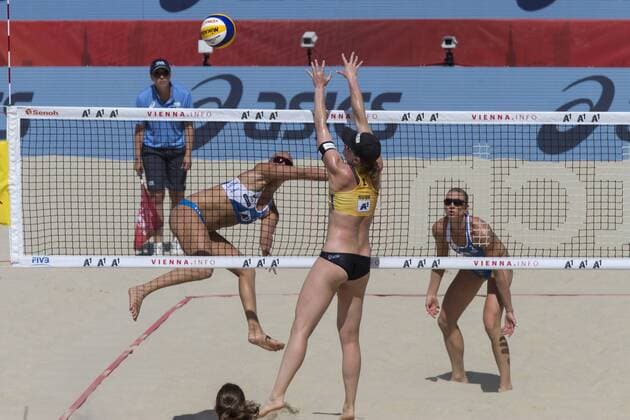VIENNA, AUSTRIA - AUGUST 03: Taru Lahti-Liukkonen of Finland competes against Julia Sude of Germany during Day 7 of the FIVB Beach volleyball Beachvolleyball World Championships 2017 on August 3, 2017 in Vienna, Austria. (Photo by Michael Kunkel Hoch Zwei) Vienna Austria xHOCHxZWEIx