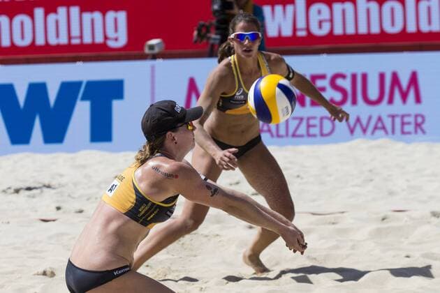 VIENNA, AUSTRIA - AUGUST 03: Julia Sude and Chantal Laboureur of Germany in action during Day 7 of the FIVB Beach volleyball Beachvolleyball World Championships 2017 on August 3, 2017 in Vienna, Austria. (Photo by Michael Kunkel Hoch Zwei) Vienna Austria xHOCHxZWEIx