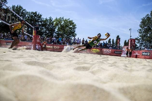 VIENNA, AUSTRIA - AUGUST 03: Damien Schumann of Australia in action during Day 7 of the FIVB Beach volleyball Beachvolleyball World Championships 2017 on August 3, 2017 in Vienna, Austria. (Photo by Michael Kunkel Hoch Zwei) Vienna Austria xHOCHxZWEIx