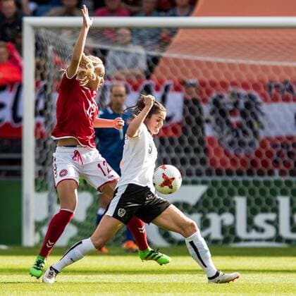 BREDA - 03-08-2017. Rat Verleghstadion , EK vrouwenvoetbal, Woman s Euro 2017, halve finale Denemarken - Oostenrijk , Duel met l-r , Stine Larsen , Sarah Zadrazil Denemarken - Oostenrijk  x1661827x