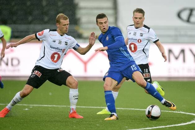 Fußball, EL Quali, Odds BK Skien - Dinamo Zagreb Fotball , 3. august 2017 , Europa League , Qual. Odd - Dinamo Zagreb Steffen Hagen (left) ,odd Joakim Vage NIlsen , Odd Armin Hodzic , DZ 