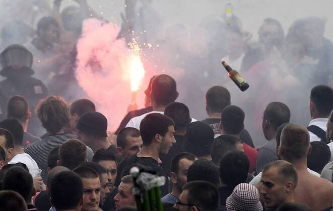 Fans of Crvena Zvezda Belgrade in action prior to the Football Champions League third qualifying round s return match: Sparta Praha vs Crvena Zvezda Belgrade in Prague, Czech Republic, April 3, 2018. (CTKxPhoto MichalxKrumphanzl) CTKPhotoP201708030850401  kru 2