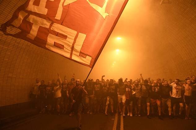 Fans of Crvena Zvezda Belgrade in action prior to the Football Champions League third qualifying round s return match: Sparta Praha vs Crvena Zvezda Belgrade in Prague, Czech Republic, April 3, 2018. (CTKxPhoto MichalxKrumphanzl) CTKPhotoP201708030852401  kru 6