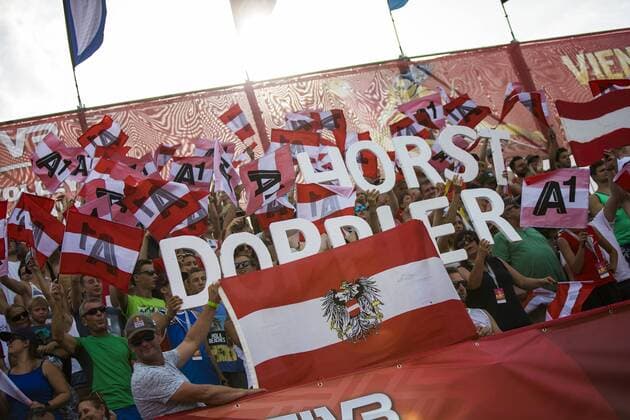 VIENNA, AUSTRIA - AUGUST 03: Fans seen during Day 7 of the FIVB Beach volleyball Beachvolleyball World Championships 2017 on August 3, 2017 in Vienna, Austria. (Photo by Michael Kunkel Hoch Zwei) Vienna Austria xHOCHxZWEIx
