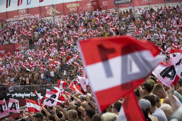 VIENNA, AUSTRIA - AUGUST 03: Fans seen during Day 7 of the FIVB Beach volleyball Beachvolleyball World Championships 2017 on August 3, 2017 in Vienna, Austria. (Photo by Michael Kunkel Hoch Zwei) Vienna Austria xHOCHxZWEIx
