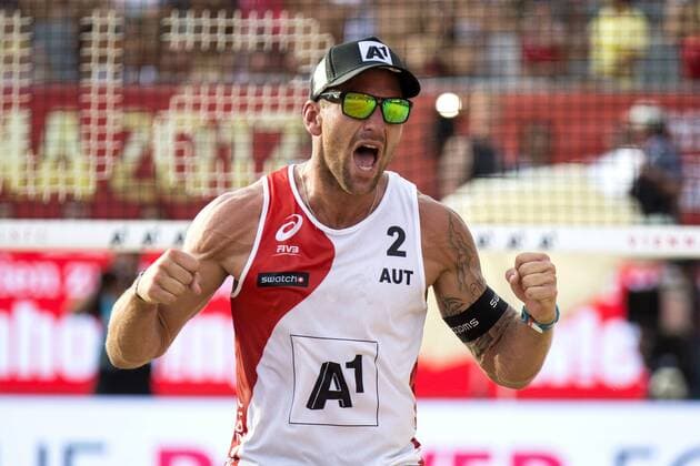 VIENNA, AUSTRIA - AUGUST 03: Alexander Horst of Austria celebrates during Day 7 of the FIVB Beach volleyball Beachvolleyball World Championships 2017 on August 3, 2017 in Vienna, Austria. (Photo by Michael Kunkel Hoch Zwei) Vienna Austria xHOCHxZWEIx