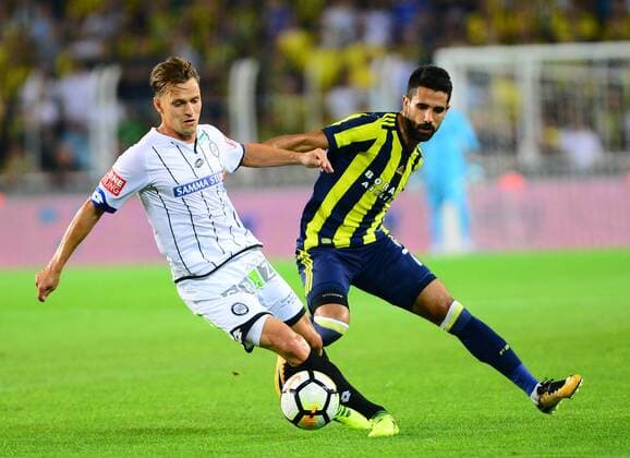 Alper Potuk (R) of Fenerbahce during the UEFA Europa League second leg match between Fenerbahce and Sturm Graz at Ulker Stadium in Istanbul , Turkey on 03 August 2017. 