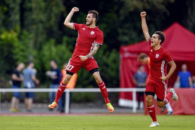 170803 FC Fola Esch Stefano Bensi jublar efter 1-0 under fotbollsmatchen i kvalet till Europa League mellan Fola Esch och Östersund den 3 augusti 2017 i Esch-sur-Alzette.  Copyright: PETTERxARVIDSON BB170803PA071