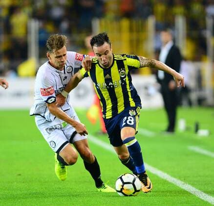 Mathieu Valbuena (L) of Fenerbahce and Stefan Hierlander of Sturm Graz during the UEFA Europa League second leg match between Fenerbahce and Sturm Graz at Ulker Stadium in Istanbul , Turkey on 03 August 2017. 