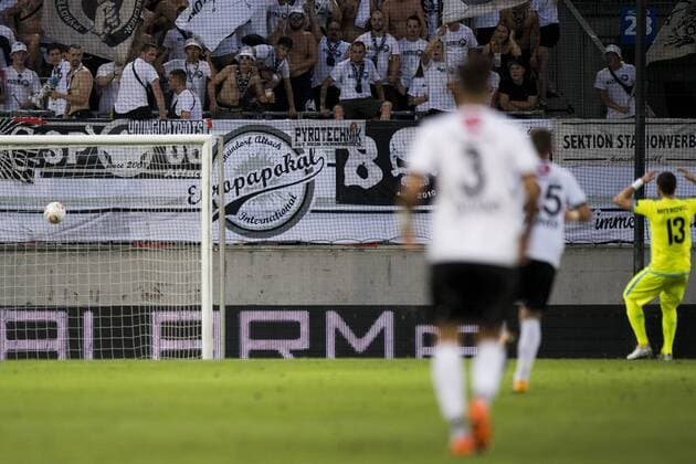 Altach s Stefan Nutz scores a goal during a soccer game between Austrian team SC Rheindorf Altach and Belgian club KAA Gent, the return leg of the third qualifying round for the UEFA Europa League competition, Thursday 03 August 2017 in Altach, Austria. The first leg resulted in a 1-1 draw. JASPERxJACOBS  x05143183x