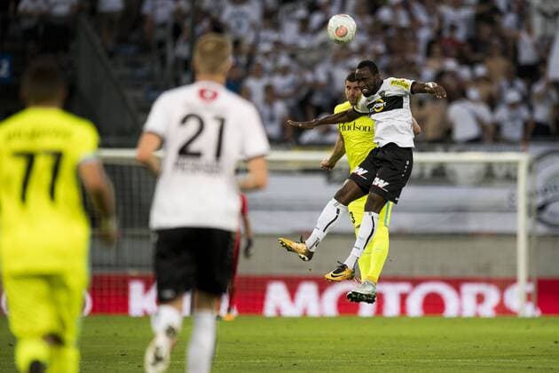 Gent s Stefan Mitrovic and Altach s Moumi Ngamaleu fight for the ball during a soccer game between Austrian team SC Rheindorf Altach and Belgian club KAA Gent, the return leg of the third qualifying round for the UEFA Europa League competition, Thursday 03 August 2017 in Altach, Austria. The first leg resulted in a 1-1 draw. JASPERxJACOBS  x05143193x