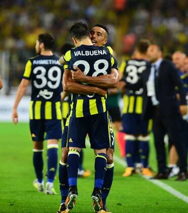 Nabil Dirar and Mathieu Valbuena of Fenerbahce during the UEFA Europa League second leg match between Fenerbahce and Sturm Graz at Ulker Stadium in Istanbul , Turkey on 03 August 2017. 