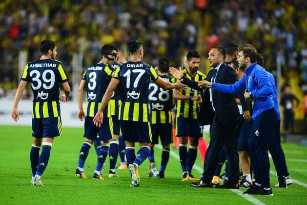 Fenerbahce players celebrates for Nabil Dirar s goal during the UEFA Europa League second leg match between Fenerbahce and Sturm Graz at Ulker Stadium in Istanbul , Turkey on 03 August 2017. 