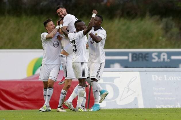 Ostersunds jubelt, freut sich, Jubel, Freude nach dem 1:2 durch Tom Pettersson (Ostersunds 2 links) - mit Gabriel Somi (Ostersunds 20), Jamie Hopcutt (Ostersunds 8), Samuel Mensah (Ostersunds 23) 03.08.2017 Fussball Europa League Qualifikation, 3. Runde, Rueckspiel Saison 2017-2018 03.08.2017 LUX, ELQ, Fola Esch (LUX) - Ostersunds SK (SWE) Stade Emile Maryrisch, Esch-Alzette