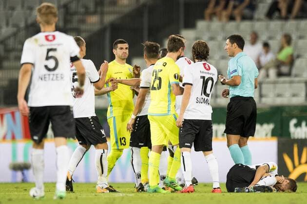 Gent s Stefan Mitrovic reacts during a soccer game between Austrian team SC Rheindorf Altach and Belgian club KAA Gent, the return leg of the third qualifying round for the UEFA Europa League competition, Thursday 03 August 2017 in Altach, Austria. The first leg resulted in a 1-1 draw. JASPERxJACOBS  x05143209x