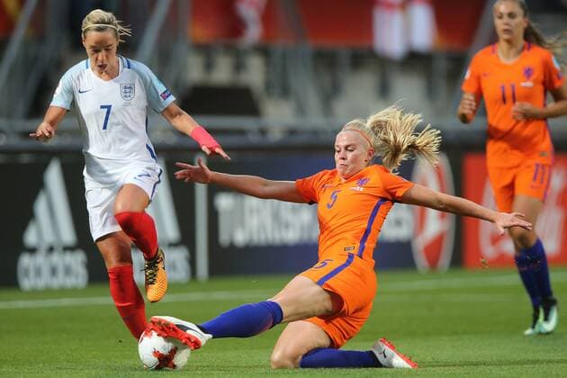 Jordan Nobbs of England women, Kika van Es of Holland Women during the semi-final UEFA WEURO 2017 match between The Netherlands and England at the Grolsch Veste on August 3, 2017 in Enschede, the Netherlands Women: The Netherlands v England UEFA WEURO 2017 2017 2018 xVIxVIxImagesx xTomxBodexMultimediaxIVx 8380490