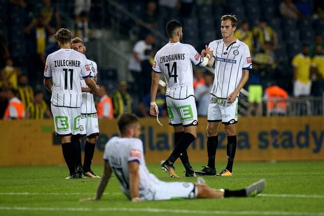 SOCCER - UEFA EL quali, Fenerbahce vs Sturm ISTANBUL,TURKEY,03.AUG.17 - SOCCER - UEFA Europa League qualification, Fenerbahce Istanbul vs SK Sturm Graz. Image shows Philipp Zulechner, Philipp Huspek, Charalampos Lykogiannis and Fabian Schubert (Sturm). GEPAxpictures xDanielxGoetzhaber