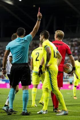 Gent s Stefan Mitrovic receives a red card from Referee Nicolas Rainville a soccer game between Austrian team SC Rheindorf Altach and Belgian club KAA Gent, the return leg of the third qualifying round for the UEFA Europa League competition, Thursday 03 August 2017 in Altach, Austria. The first leg resulted in a 1-1 draw. JASPERxJACOBS  x05143306x