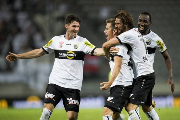 Altach s Stefan Nutz celebrates after scoring during a soccer game between Austrian team SC Rheindorf Altach and Belgian club KAA Gent, the return leg of the third qualifying round for the UEFA Europa League competition, Thursday 03 August 2017 in Altach, Austria. The first leg resulted in a 1-1 draw. JASPERxJACOBS  x05143362x