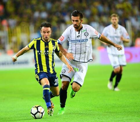 Mathieu Valbuena (L) of Fenerbahce during the UEFA Europa League second leg match between Fenerbahce and Sturm Graz at Ulker Stadium in Istanbul , Turkey on 03 August 2017. Final scores : Fenerbahce 1 - Sturm Graz 1 