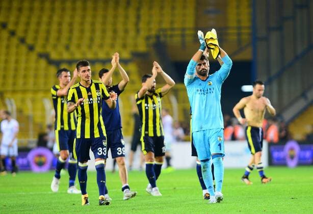 Roman Neustadter and Goalkeeper Volkan Demirel of Fenerbahce during the UEFA Europa League second leg match between Fenerbahce and Sturm Graz at Ulker Stadium in Istanbul , Turkey on 03 August 2017. Final scores : Fenerbahce 1 - Sturm Graz 1 