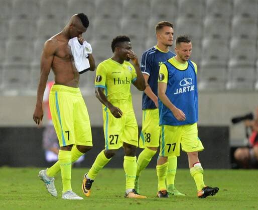 SOCCER - UEFA EL quali, Altach vs Gent INNSBRUCK,AUSTRIA,03.AUG.17 - SOCCER - UEFA Europa League qualification, SCR Altach vs KAA Gent. Image shows Kalifa Coulibaly (Gent), Moses Simon (Gent) and Danijel Milicevic (Gent). GEPAxpictures xAmirxBeganovic