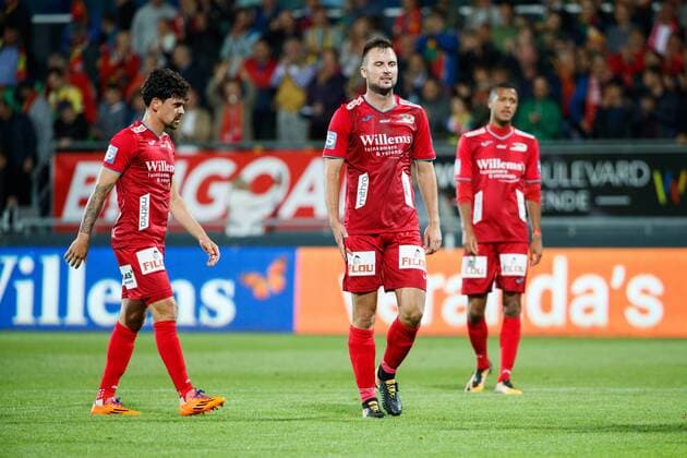 Oostende players pictured after losing a soccer game between Belgian team KV Oostende and French club Olympique de Marseille, the return leg of the third qualifying round for the UEFA Europa League competition, Thursday 03 August 2017 in Oostende. Marseille won the first leg with a 4-2 score. KURTxDESPLENTER  x05143440x