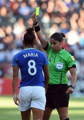 CARSON, CA - AUGUST 03: Maria (8) of Brazil is given a yellow card for tripping Caitlin Foord (9) of Australia during the Tournament of Nations soccer match between Australia and Brazil on August 03, 2017 at StubHub Center in Carson, CA. Australia defeated Brazil 6-1. (Photo by Chris Williams Icon Sportswire) SOCCER: AUG 03 Tournament of Nations - Australia v Brazil Icon00717080116201 EDITORIAL USE ONLY