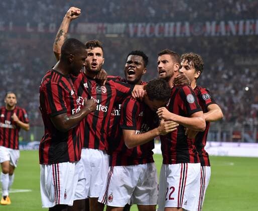 (170804) -- MILAN, Aug. 4, 2017 -- Players of AC Milan celebrate after scoring during the Europa League third qualifying round second leg soccer match against U Craiova at the San Siro Stadium in Milan, Italy, Aug. 3, 2017. AC Milan won 2-0. ) (SP)ITALY-MILAN-SOCCER-EUROPA LEAGUE-AC MILAN-CRAIOVA AlbertoxLingria 