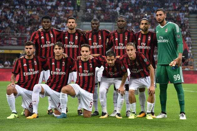 (170804) -- MILAN, Aug. 4, 2017 -- Players of AC Milan pose before the Europa League third qualifying round second leg soccer match against U Craiova at the San Siro Stadium in Milan, Italy, Aug. 3, 2017. AC Milan won 2-0. ) (SP)ITALY-MILAN-SOCCER-EUROPA LEAGUE-AC MILAN-CRAIOVA AlbertoxLingria 