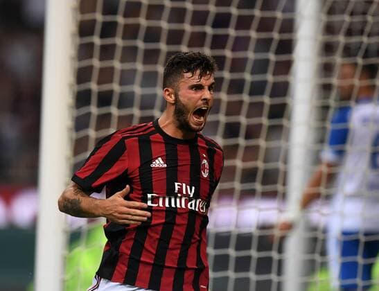 (170804) -- MILAN, Aug. 4, 2017 -- AC Milan s Patrik Cutrone celebrates after scoring during the Europa League third qualifying round second leg soccer match against U Craiova at the San Siro Stadium in Milan, Italy, Aug. 3, 2017. AC Milan won 2-0. ) (SP)ITALY-MILAN-SOCCER-EUROPA LEAGUE-AC MILAN-CRAIOVA AlbertoxLingria 