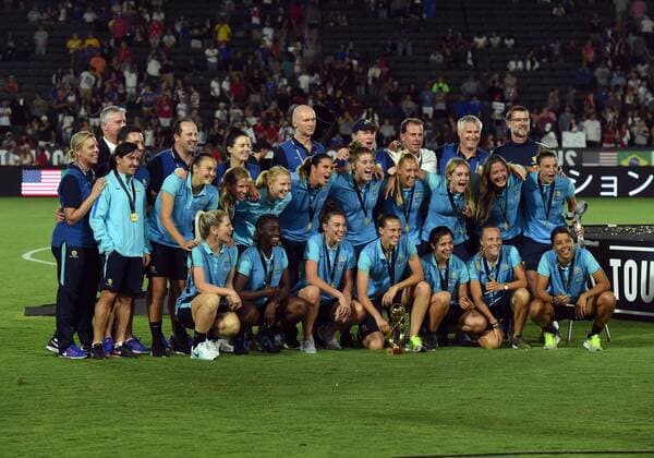 CARSON, CA - AUGUST 03: Australia poses with the trophy as winners of the Tournament of Nations during the Tournament of Nations soccer match between USA and Japan on August 03, 2017 at StubHub Center in Carson, CA. USA defeated Japan 3-0, and Australia won the tournament. (Photo by Chris Williams Icon Sportswire) SOCCER: AUG 03 Tournament of Nations - USA v Japan Icon00717080116307 EDITORIAL USE ONLY