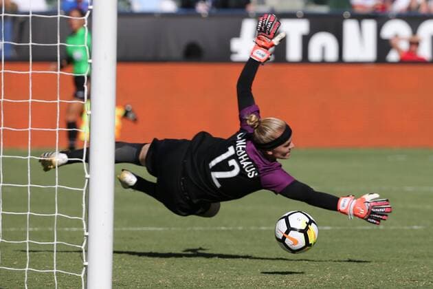 August 3, 2017: The shot gets past a diving Brazil goalkeeper Dani Neuhaus (12) for a goal in the game between the Australia and Brazil, Tournament of Nations, Stub Hub Center in Carson, CA. USA. Photographer: SOC 2017: Australia vs Brazil AUG 03 - ZUMAc04_ 20170803_zaf_c04_143 Copyright: xPeterxJoneleitx