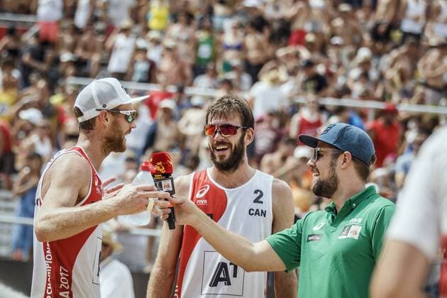 VIENNA, AUSTRIA - AUGUST 04: Chaim Schalk and Ben Saxton of Canada seen during Day 8 of the FIVB Beach volleyball Beachvolleyball World Championships 2017 on August 4, 2017 in Vienna, Austria. (Photo by Martin Steinthaler Hoch Zwei) Vienna Austria xHOCHxZWEIx