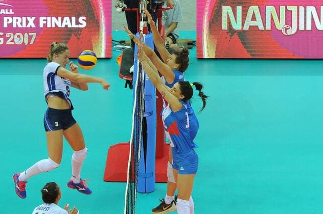 NANJING, CHINA - AUGUST 04: Players of Serbia block the ball during the group match of 2017 Nanjing FIVB World Grand Prix Finals between Serbia and Italy at Nanjing Olympic Sports Center on August 4, 2017 in Nanjing, Jiangsu Province of China.  Copyright: xVCGx CFP111122794207 