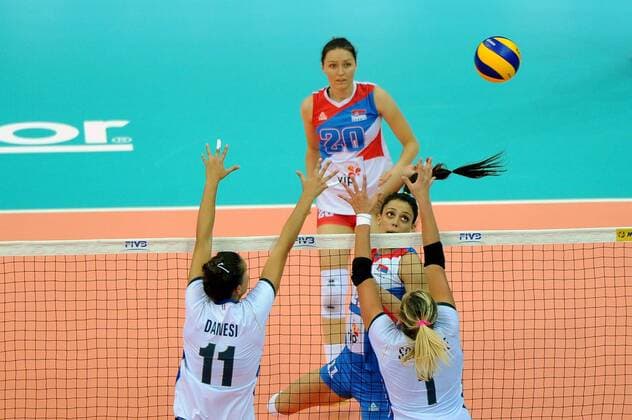 NANJING, CHINA - AUGUST 04: Anna Danesi 11 of Italy blocks the ball during the group match of 2017 Nanjing FIVB World Grand Prix Finals between Serbia and Italy at Nanjing Olympic Sports Center on August 4, 2017 in Nanjing, Jiangsu Province of China.  Copyright: xVCGx CFP111122794213 