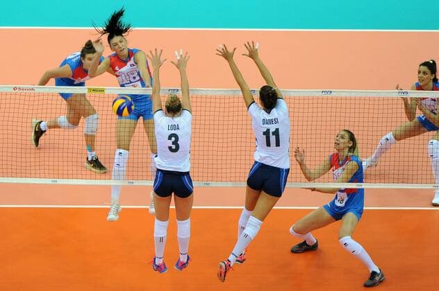 NANJING, CHINA - AUGUST 04: Sara Loda 3 of Italy and Anna Danesi 11 of Italy block the ball during the group match of 2017 Nanjing FIVB World Grand Prix Finals between Serbia and Italy at Nanjing Olympic Sports Center on August 4, 2017 in Nanjing, Jiangsu Province of China.  Copyright: xVCGx CFP111122794214 