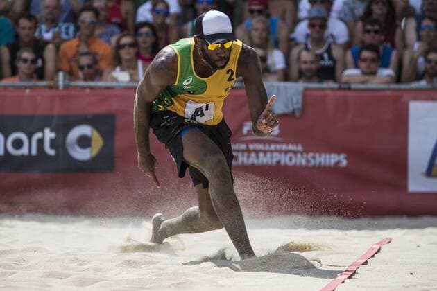 VIENNA, AUSTRIA - AUGUST 04: Evandro Goncalves Oliveira Junior of Brazil celebrates during Day 8 of the FIVB Beach volleyball Beachvolleyball World Championships 2017 on August 4, 2017 in Vienna, Austria. (Photo by Michael Kunkel Hoch Zwei) Vienna Austria xHOCHxZWEIx