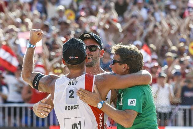 VIENNA, AUSTRIA - AUGUST 04: Clemens Doppler and Alexander Horst of Austria celebrate during Day 8 of the FIVB Beach volleyball Beachvolleyball World Championships 2017 on August 4, 2017 in Vienna, Austria. (Photo by Martin Steinthaler Hoch Zwei) Vienna Austria xHOCHxZWEIx