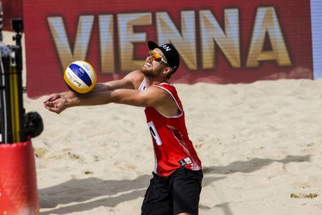 VIENNA, AUSTRIA - AUGUST 05: Chaim Schalk of Canada in action during Day 9 of the FIVB Beach volleyball Beachvolleyball World Championships 2017 on August 5, 2017 in Vienna, Austria. (Photo by Michael Kunkel Hoch Zwei) Vienna Austria xHOCHxZWEIx
