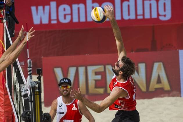 VIENNA, AUSTRIA - AUGUST 05: Ben Saxton of Canada in action during Day 9 of the FIVB Beach volleyball Beachvolleyball World Championships 2017 on August 5, 2017 in Vienna, Austria. (Photo by Michael Kunkel Hoch Zwei) Vienna Austria xHOCHxZWEIx